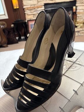 John Fluevog Black Strappy Peep-Toe Heels
